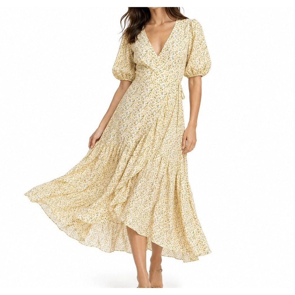 Butter Yellow Cottage Floral Wrap Dress Small Romantic Midi Ruffle Tie Back Boho